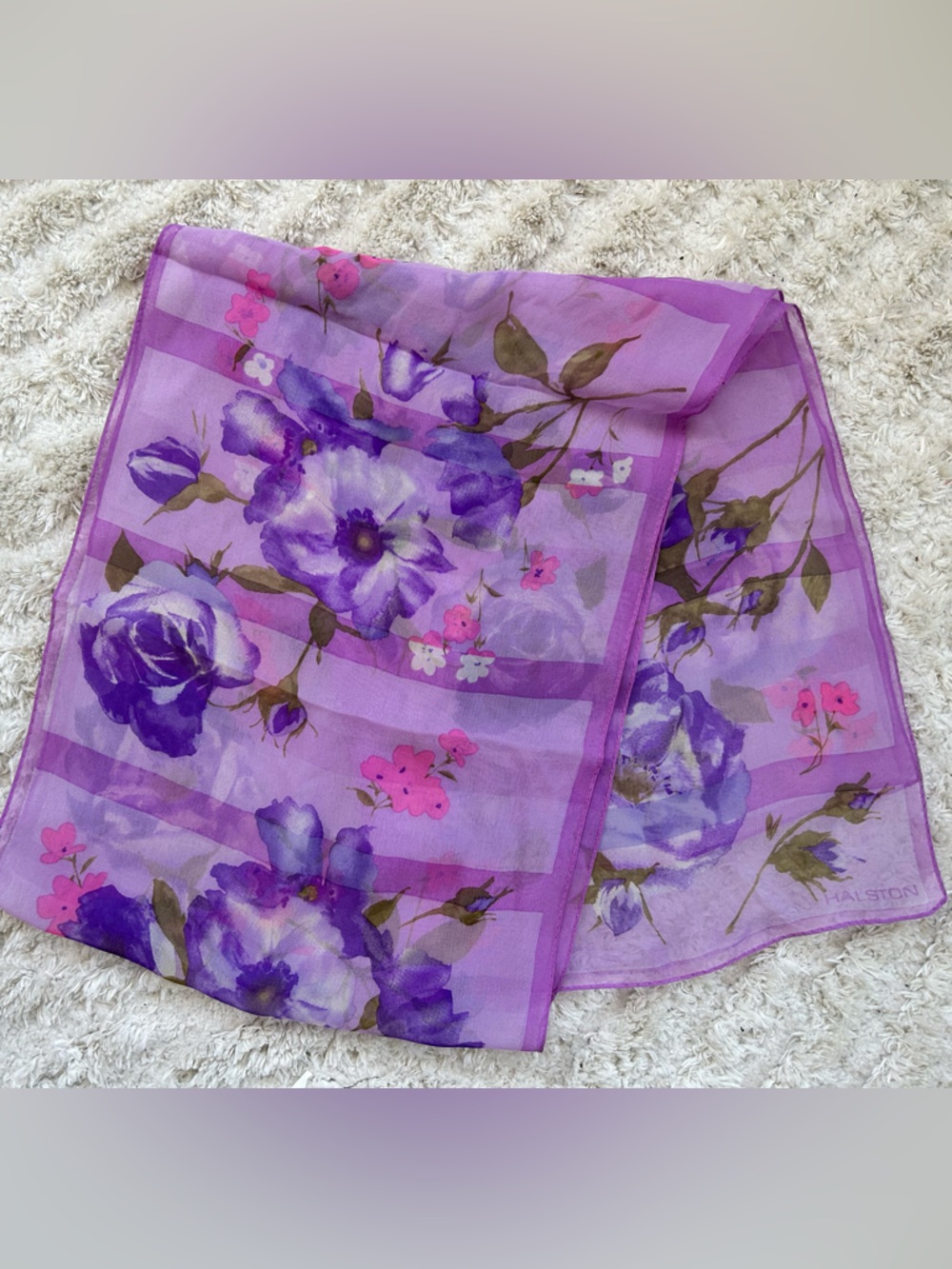Vintage Halston Purple Floral 100% Silk Sheer Scarf